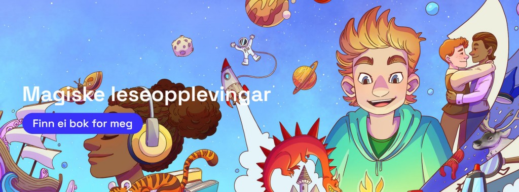 Ei teikning med mange fantasi-element, som t.d. drager og astronautar, og med teksten Magiske leseopplevingar - Finn ei bok for meg. Illustrasjon
